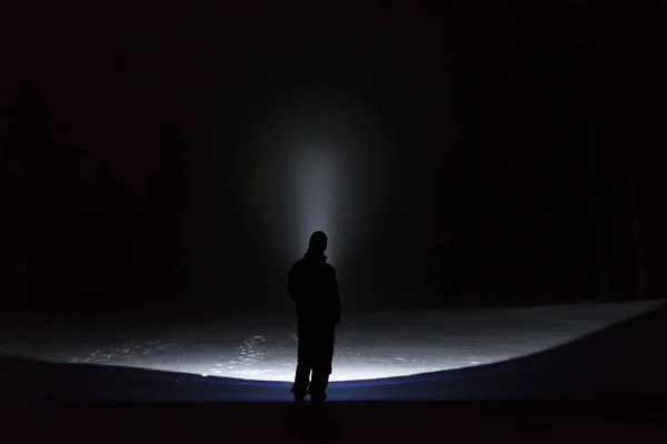 Man Standing Outdoors Night Tree Alley Shining Flashlight Beautiful Dark — Stock Photo, Image