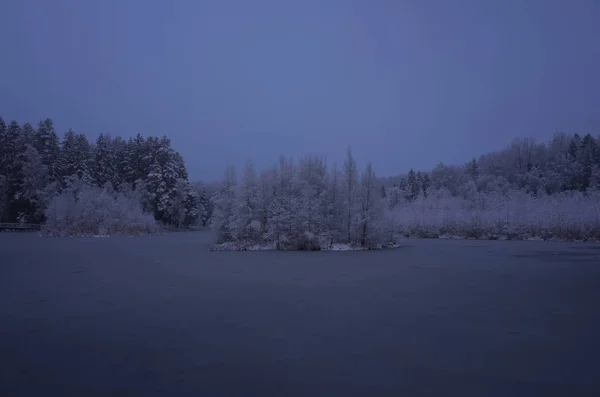 Beautiful nature and landscape photo of blue dusk evening in Katrineholm Sweden Scandinavia. Forest and lake with snow and ice.