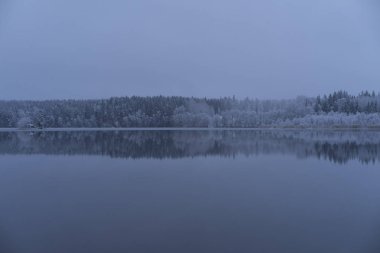 Güzel doğa ve manzara fotoğraf mavi akşam Katrineholm İsveç İskandinavya. Orman ve göl kar ve buz ile.