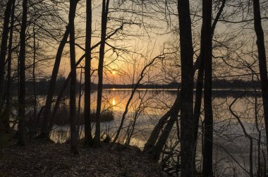 Bahar akşam İsveç İskandinavya Avrupa'nın renkli günbatımı güzel doğa ve manzara fotoğraf. Göl, ağaçlar ve gökyüzü güzel açık havada resim. Sakin, huzurlu arka plan resmi.