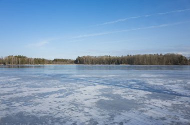 Güneşli bahar günü İsveç İskandinavya Avrupa'nın güzel doğa ve manzara fotoğraf. Buz Gölü, ağaçlar ve mavi gökyüzü güzel açık havada resim
