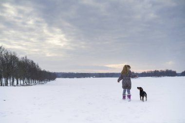 Kış manzara içinde küçük sarışın İsveçli kız oynama ve kucak köpek yavrusu