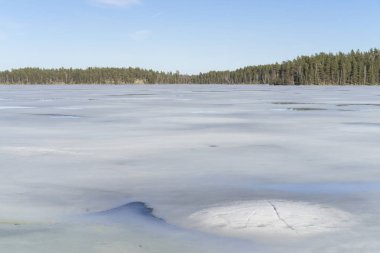 Güneşli bahar günü İsveç İskandinavya Avrupa'nın güzel doğa ve manzara fotoğraf. Buz Gölü, ağaçlar ve mavi gökyüzü güzel açık havada resim