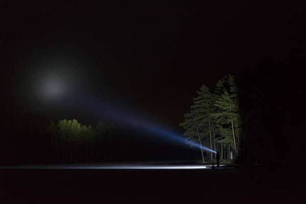 Man standing outdoors at night in tree alley shining with flashlight. Beautiful dark snowy winter night.