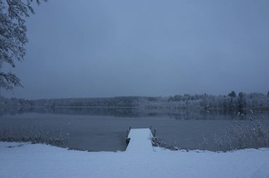 Güzel doğa ve manzara fotoğraf mavi akşam Katrineholm İsveç İskandinavya. Orman ve göl kar ve buz ile.