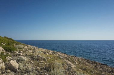 Güzel doğa ve manzara fotoğraf güneşli yaz günü, Dalmaçya, Hırvatistan, Avrupa'nın Adriyatik Denizi. Akdeniz sahilinde güzel açık havada. Sakin, huzurlu ve mutlu resim.