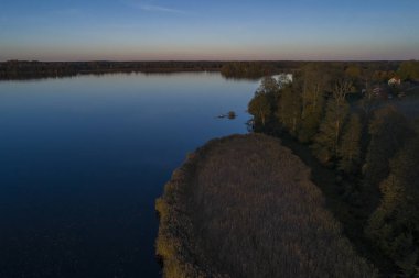 Göl ve orman gündoğumu arka plan manzara