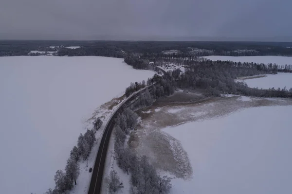aerial view of road at winter season