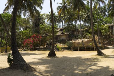 ahşap binalar ve şemsiyeli şezlonglu tatil bölgesigörünümü 