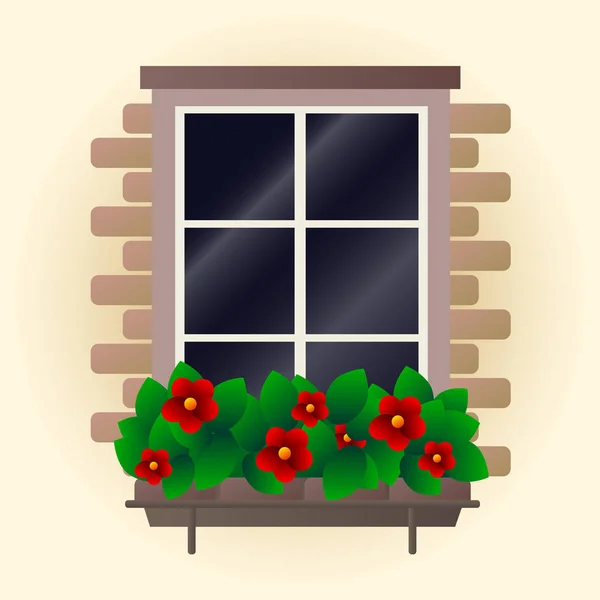 Rote Blumen Auf Fenstervektorillustration — Stockvektor