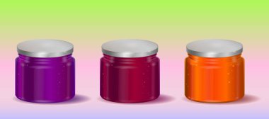 Realisric kavanoz set vektör. Meyve reçeli cam kap içinde