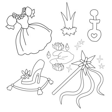 Sihirli nesneleri kümesi. İzole vektör boyama sayfası
