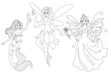 Sihirli karakter kümesi. İzole vektör boyama sayfası