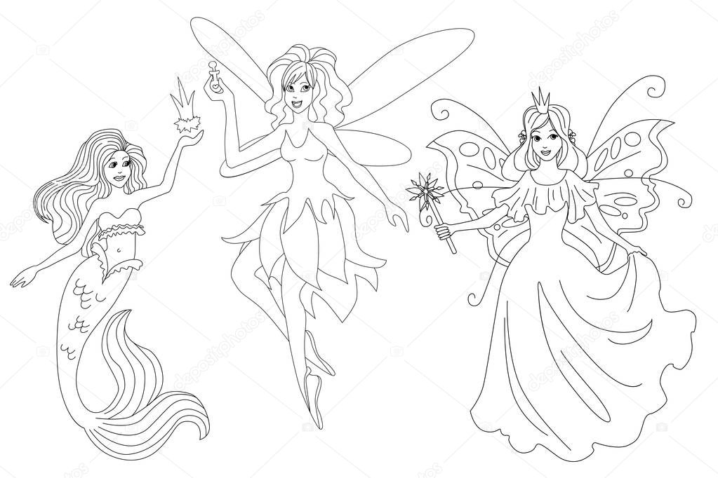 Set of magic characters. Isolated vector coloring page