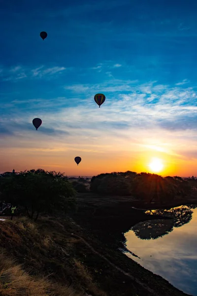 Balony Wschód Słońca Bagan Myanmr — Zdjęcie stockowe