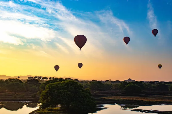 Balony Wschód Słońca Bagan Myanmr — Zdjęcie stockowe