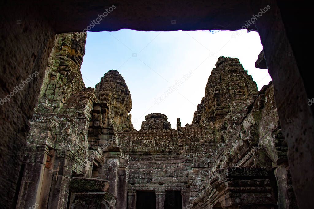 Stone decorations and monuments in Bayon temple, Cambodia 