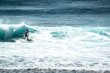 Endonezya 'nın Uluwatu Sahili yakınlarında okyanusta sörf yapan bir adam.