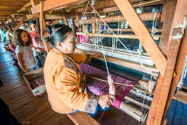 People Working Handloom Workshop Stock Photo