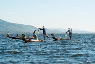 Inle Gölü, Myanmar 'da balıkçıların çalışma süreci 