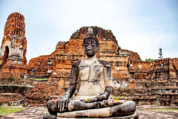 Stone ancient ruins of Wat Mahathat Temple, Ayutthaya, Thailand