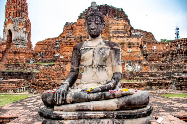 Stone ancient ruins of Wat Mahathat Temple, Ayutthaya, Thailand