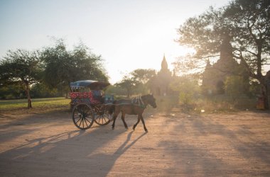 Myanmar. Bagan. Güzel bir şehir manzarası ve yerel halk..