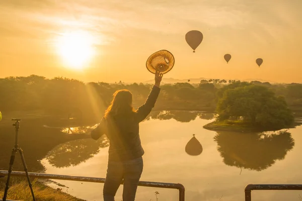 Myanmar Poganinie Piękny Widok Balonów Mieście Wschodzie Słońca — Zdjęcie stockowe
