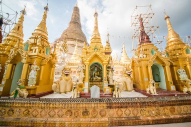 Myanmar. Yangon. Shwedagon pagoda 'daki Buda heykellerinin güzel manzarası..