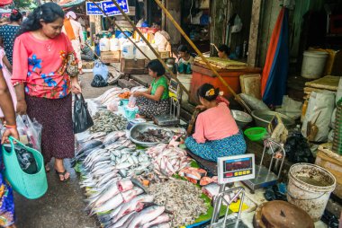 Myanmar. Yangon. Şehrin ve halkının güzel bir manzarası..