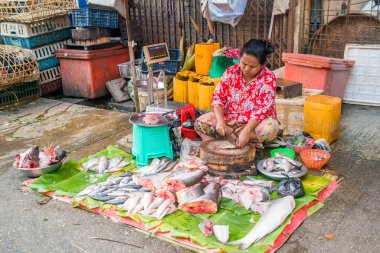Myanmar. Yangon. Şehrin ve halkının güzel bir manzarası..
