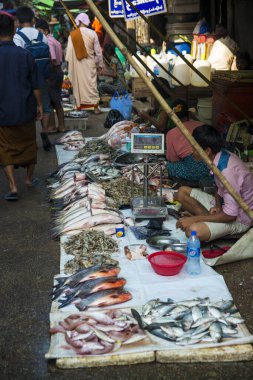 Myanmar. Yangon. Şehirdeki Sokak Pazarı manzarası.