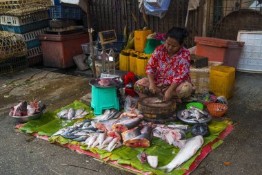 Myanmar. Yangon. Şehirdeki Sokak Pazarı manzarası.