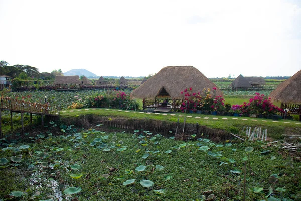 Village Avec Maisons Paille Sur Rivière Siem Reap Cambodge — Photo