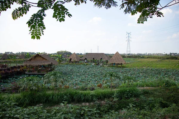 Village Avec Maisons Paille Sur Rivière Siem Reap Cambodge — Photo