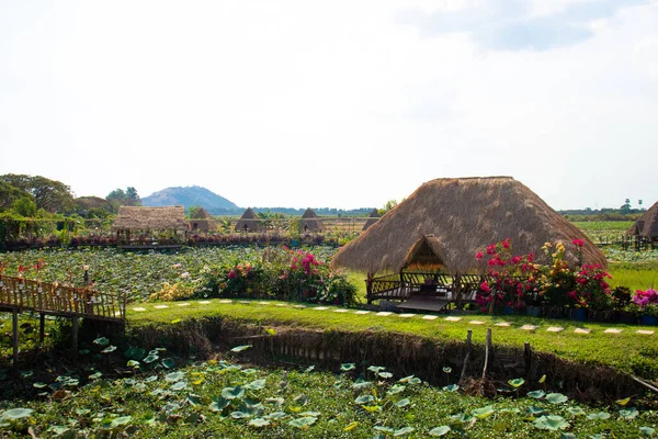 Village Avec Maisons Paille Sur Rivière Siem Reap Cambodge — Photo