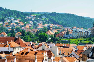 Çek Cumhuriyeti Cesky Krumlov 'da hava görüntüsü.