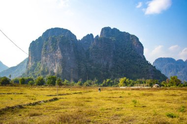 Laos 'ta ineklerle dağlık arazi manzarası 