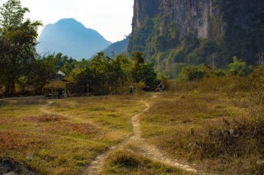 Laos 'ta ineklerle dağlık arazi manzarası 