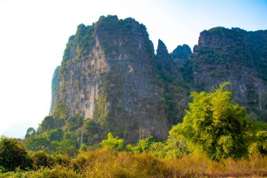 Laos 'ta ineklerle dağlık arazi manzarası 
