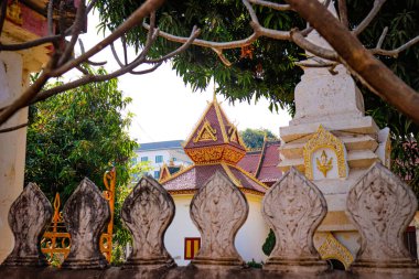 Budist tapınağındaki Asyalı eski mimari ve heykeller, Laos