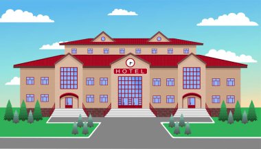 Otel, üç girişi ile çatı ve mavi gökyüzü bulutlu, çim, yollar, köknar ve ağaçlar ile merkezi de bir saat bina hafif tuğla ve bir kırmızı bir klasik tuğla döşeli