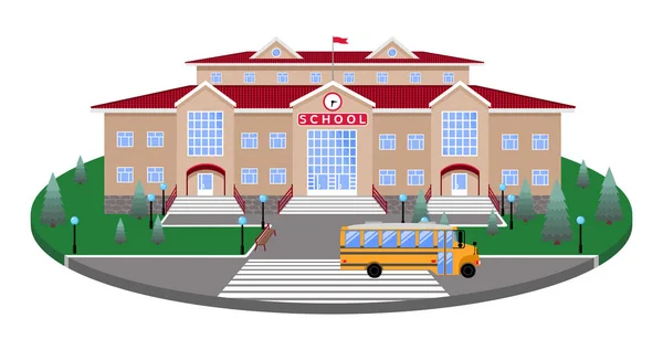Escola Edifício Tijolo Leve Clássico Com Telhado Vermelho Relógio Bandeira — Vetor de Stock