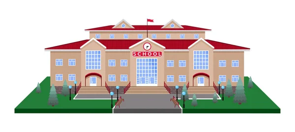 Szkoła Klasyczne Lekkie Beżowy Cegły Budynek Czerwony Dach Zegar Flaga — Wektor stockowy