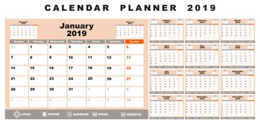 Takvim Planlayıcısı 2019. arka plan beyaz, bej, gri, siyah ve turuncu