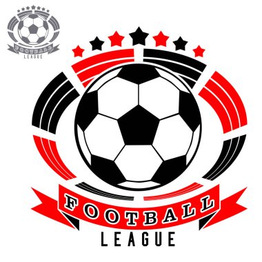 Stadyum veya arena arka plan, siyah-kırmızı ve siyah beyaz görüntü üzerinde topu ile futbol logo