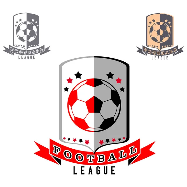 Fußball Logo Mit Ball Auf Schildhintergrund Schwarz Rot Gelb Grau — Stockvektor
