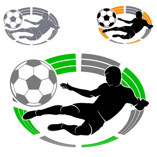 サッカー選手のシルエットとスタジアムやアリーナ ブラック グリーン ブラック イエロー モノクロ画像の背景の上にボール サッカー エンブレム — ストックベクタ