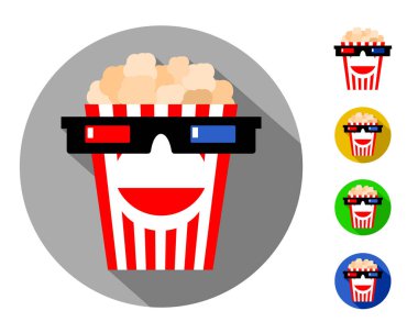 sinema, Komedi, film gösterimi ve filmler komik sembolü. Gözlüklü 3d (ile bir gülümseme, saç ve sakal efektleri) .logo, işaret, amblem, simge için patlamış mısır