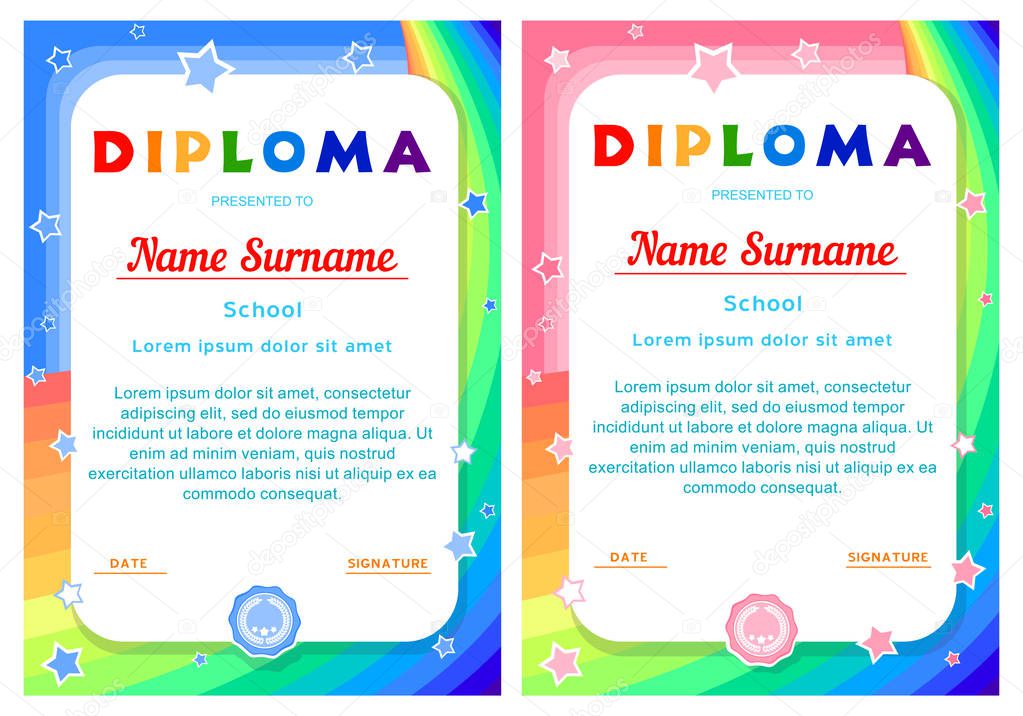 Diploma with rainbow, sky and stars in cartoon style background for children`s ads, diploma, certificate, coupon in two versions for a boy and a girl